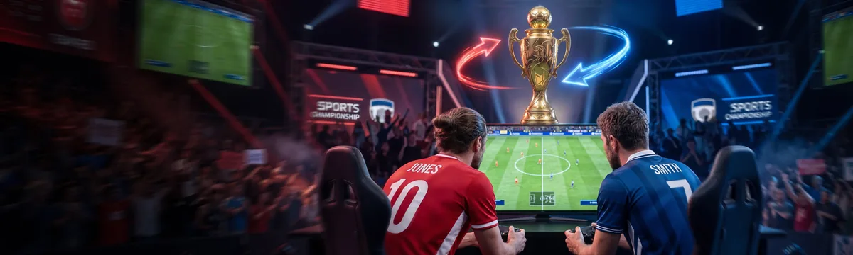 Due giocatori davanti a un trofeo dorato in un'arena: tornei e scommesse sportive BetScore